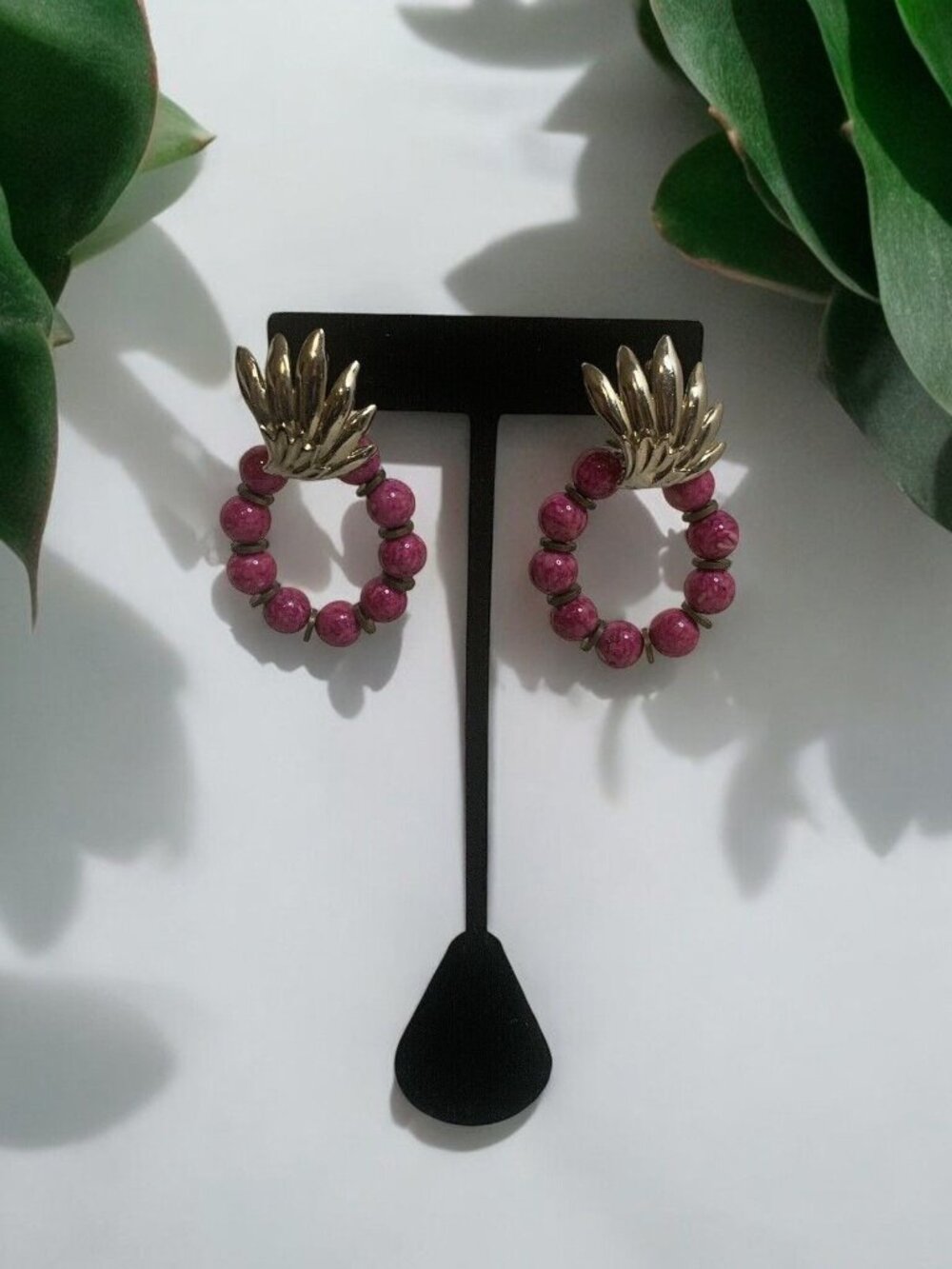 Vintage Pink Beaded Clip-On Earrings With Silver-Tone Leaf Design
